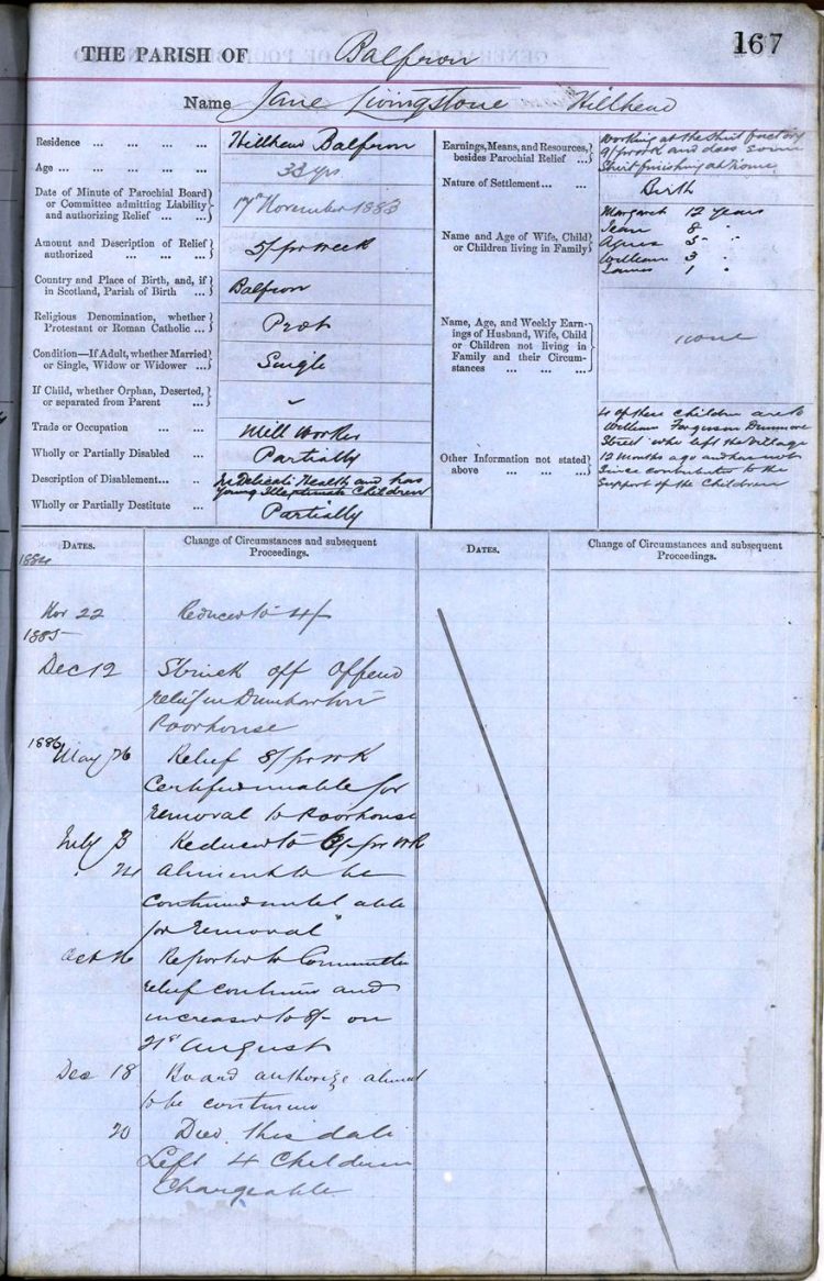 Balfron Register of the Poor Jane Livingstone, 1887