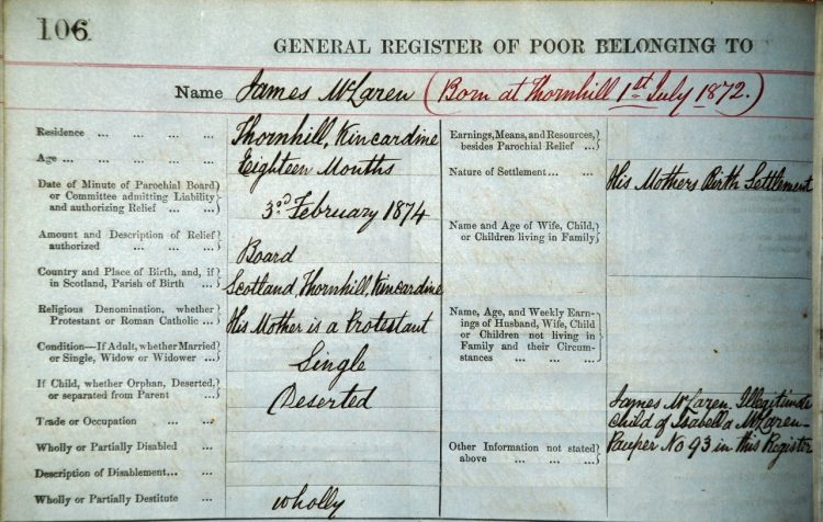 James McLaren's entry in the Callander Register of the Poor