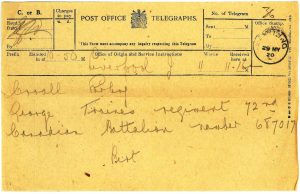 Telegram sent to Miss Croall with details of George's regiment