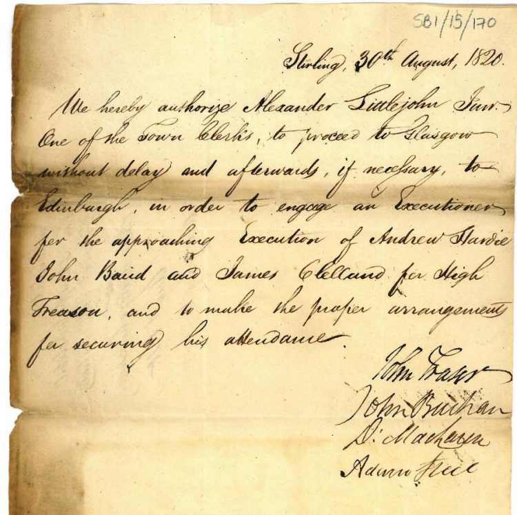 Warrant for an executioner 30th August 1820
