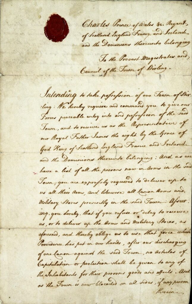 Letter from Bonnie Prince Charlie to the Burgh of Stirling Jan 1746