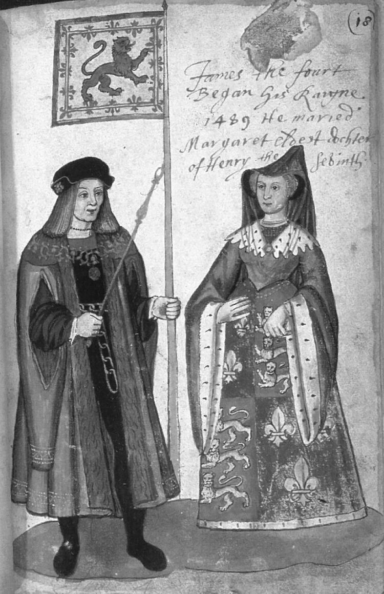 James IV and his queen, Margaret Tudor, depicted in the Seton Armorial of 1591.