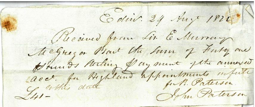 Receipt for the purchase of sporrans 29th August 1822