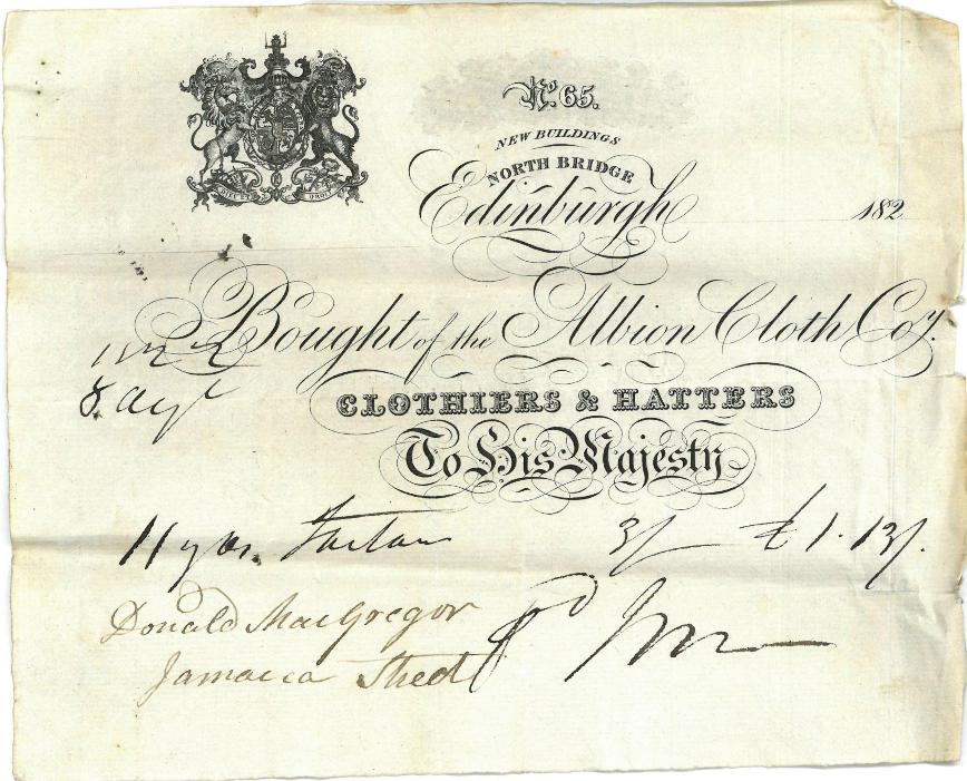 Donald MacGregor's tartan order receipt 8th August 1822