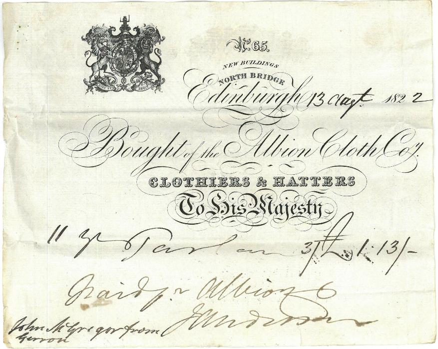 John MacGregor's Tartan order 18th August 1822 