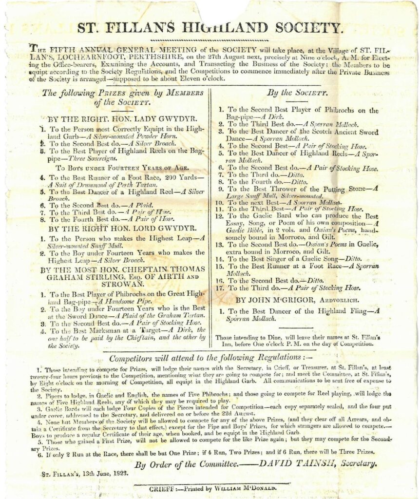 Programme for Games at St Fillans, 1823