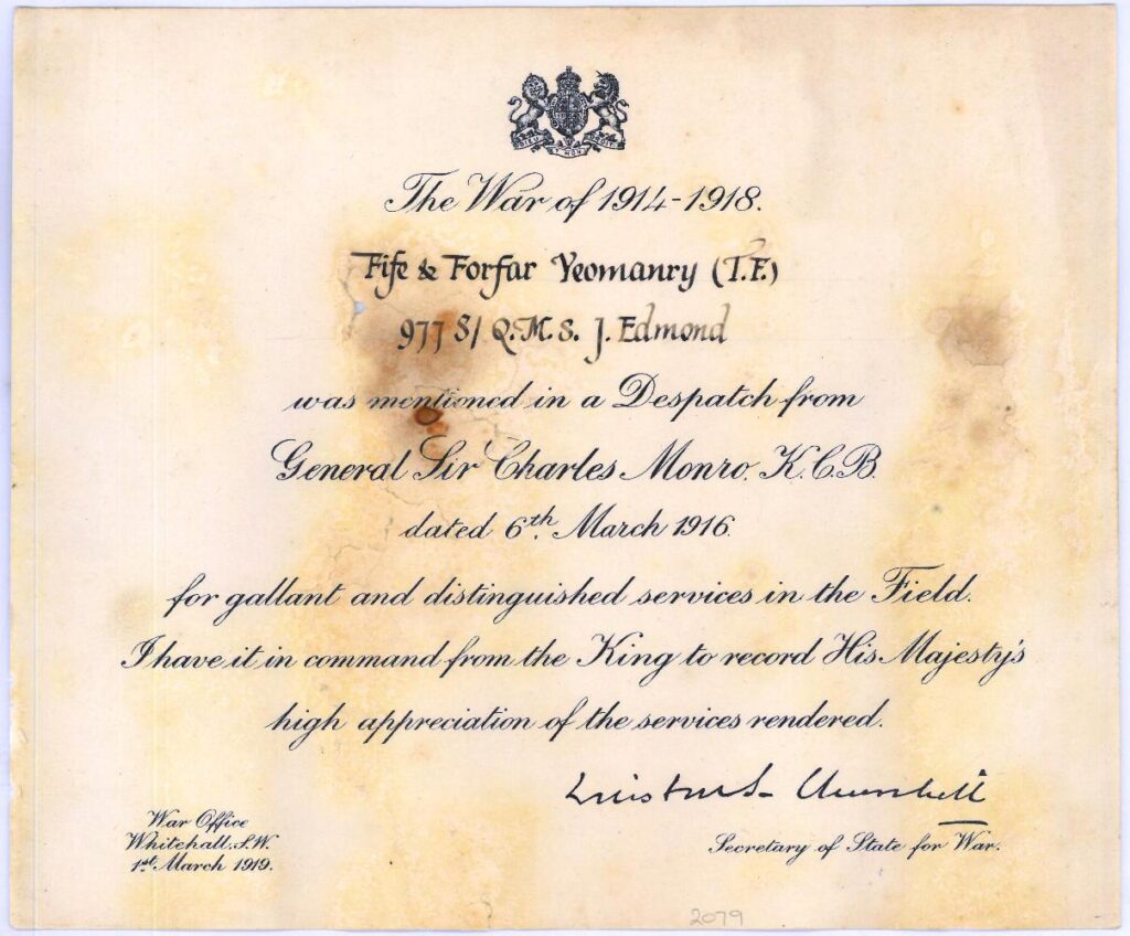 Certificate indicating James Edmond was mentioned in despatches 6th March 1916
