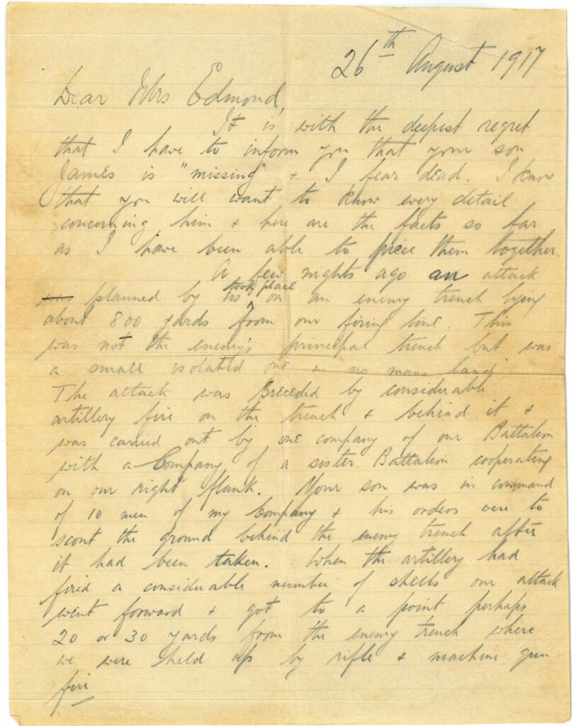 Letter from W Menzies Anderson to Mrs Edmond 26th August 1917