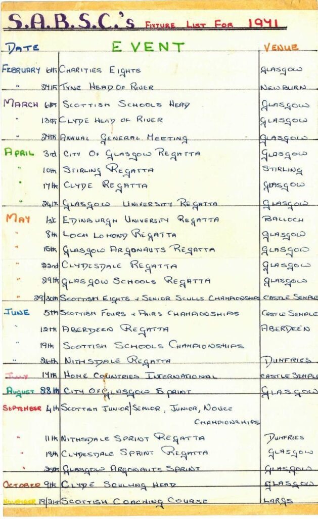 Rowing Club fixture list 1971