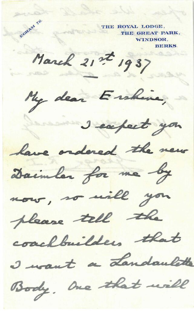 Letter From the King to Arthur Erskine 27th March 1937