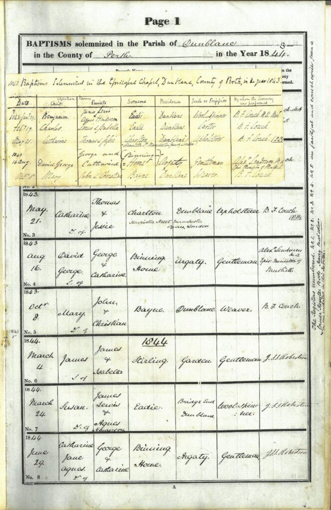St Mary's, Dunblane Register of Baptisms 1843 - 1844